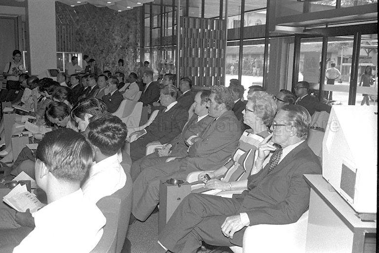 Guests, among whom are travel agents, interliners, computer specialists and senior Government officials, at opening ceremony of Singapore Airlines' (SIA) $23 million computer system, Kriscom, at ground floor Ticketing Office in SIA Building, Robinson Road.