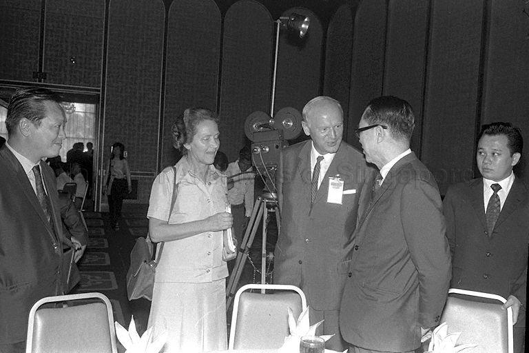 Minister for Finance Hon Sui Sen at luncheon for journalists attending a week-long Rollei International Press Conference held at Shangri-La Hotel in Orange Grove Road, hosted by Singapore Press Club and Economic Development Board. Next to him is Chairman of Rollei Dr H Peesel.