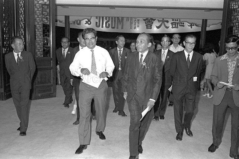 Member of Parliament for Katong Joseph Francis Conceicao (front row, left) arriving at Chung Cheng High School in Goodman Road to open Singapore Youth Festival 1973 music and dance presentation