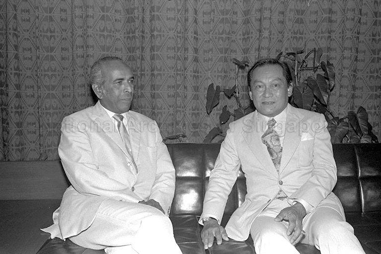 Minister for Foreign Affairs S Rajaratnam (left) with Thai Deputy Foreign Minister Brigadier-General Chatichai Choonhavan (right) at VIP lounge in Singapore Paya Lebar airport. He is here for a three-day goodwill visit.
