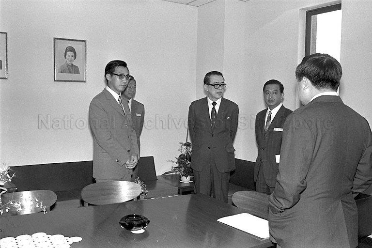 From left (facing camera) are Deputy Chairman of Stock Exchange of Singapore (SES) Ong Tjin An, SES Committee Member Freddy Lee Thiam Yew, Minister for Finance Hon Sui Sen, and SES Chairman Ng Soo Peng.