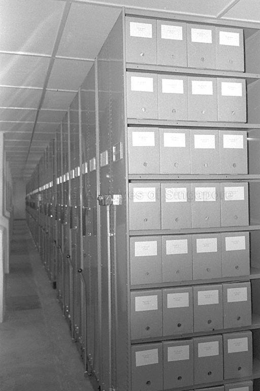 Semi-automatic power-operated Brown-built Compactus mobile storage system at National Archives Records Centre in Minden Road at Tanglin