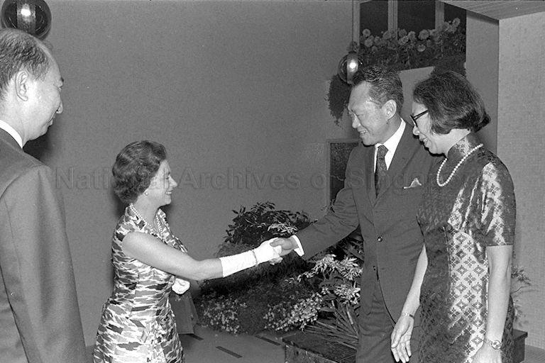 Queen Elizabeth II being greeted by Prime Minister and Mrs Lee Kuan Yew upon arrival for dinner reception hosted by the Prime Minister. The Queen was on her three-day state visit to Singapore from 18 February to 20 February 1972.