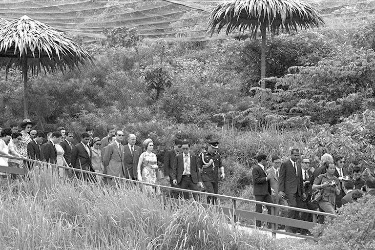 Queen Elizabeth II and Duke of Edinburgh Prince Philip touring Jurong Bird Park during their three-day state visit to Singapore