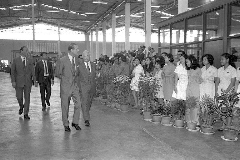 Duke of Edinburgh Prince Philip touring Crown Cork factory in Jurong industrial estate. He was accompanying Queen Elizabeth II on a three-day state visit to Singapore.