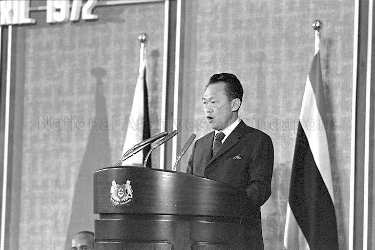 Prime Minister Lee Kuan Yew speaking at the official opening of the Fifth ASEAN Ministerial Meeting held at Shangri-La Hotel