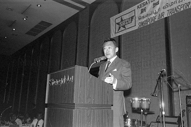 Prime Minister Lee Kuan Yew speaking at Singapore Air Transport Workers' Union Silver Jubilee Dinner at Shangri-La Hotel