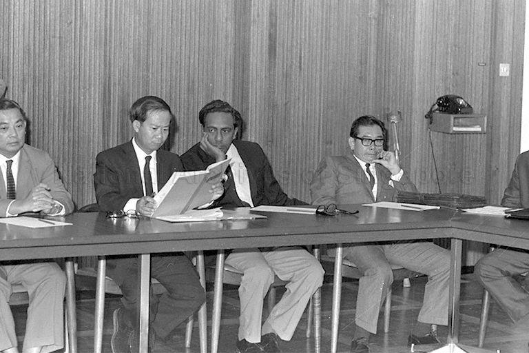 (From left) Dr Lim Chong Eu of United Democratic Party (UDP), Singapore's Deputy Prime Minister Dr Toh Chin Chye, Mr D R Seenivasagam of People's Progressive Party (PPP) and Mr Stephen Yong of Sarawak United People's Party (SUPP) at a session of Malaysian Solidarity Convention held at Committee Room in Parliament House, Kuala Lumpur