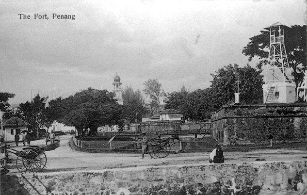 Fort Cornwallis, Penang. Jubilee Clock Tower, the Moorish styled clock tower built in commemoration of Queen Victoria's 1897 Diamond Jubilee can be seen in the background.