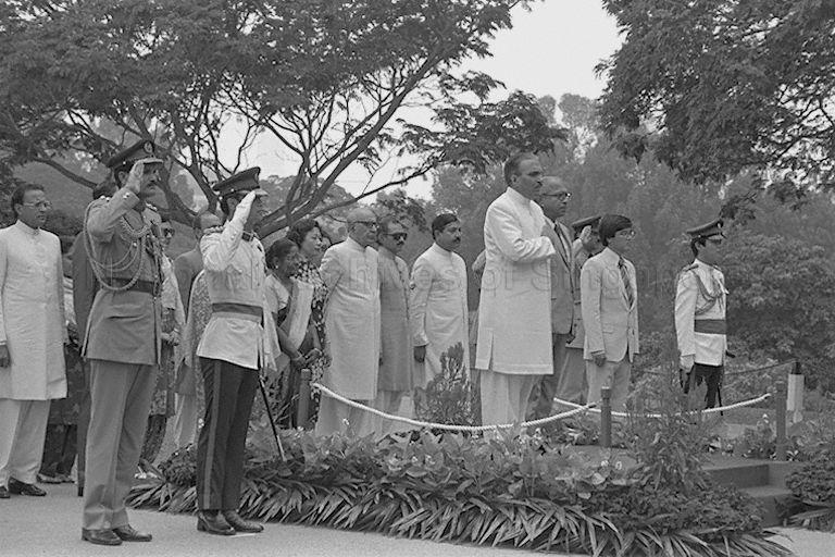 Pakistan President Zia ul Haq participates in the official arrival ceremony with President Devan Nair upon arrival at the Istana