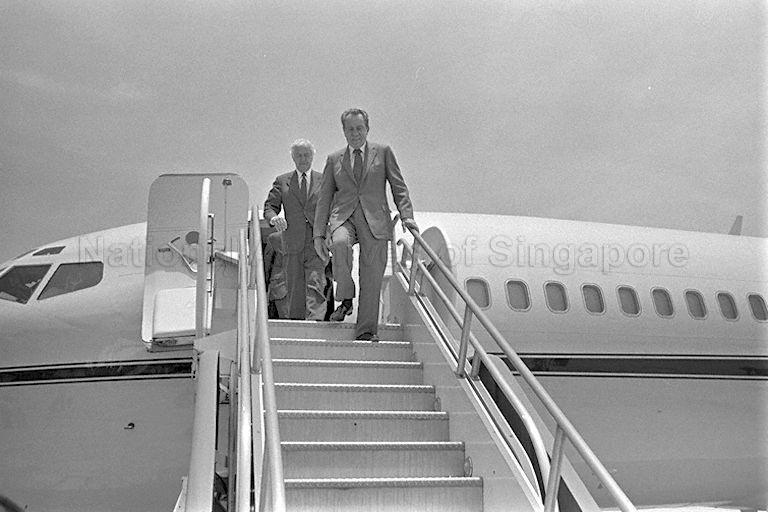 Former President of the United States Richard Nixon (front) arriving for a private visit to Singapore at the invitation of Prime Minister Lee Kuan Yew. He is accompanied by former US Treasury Secretary and Governor of Texas John B Connolly (back).