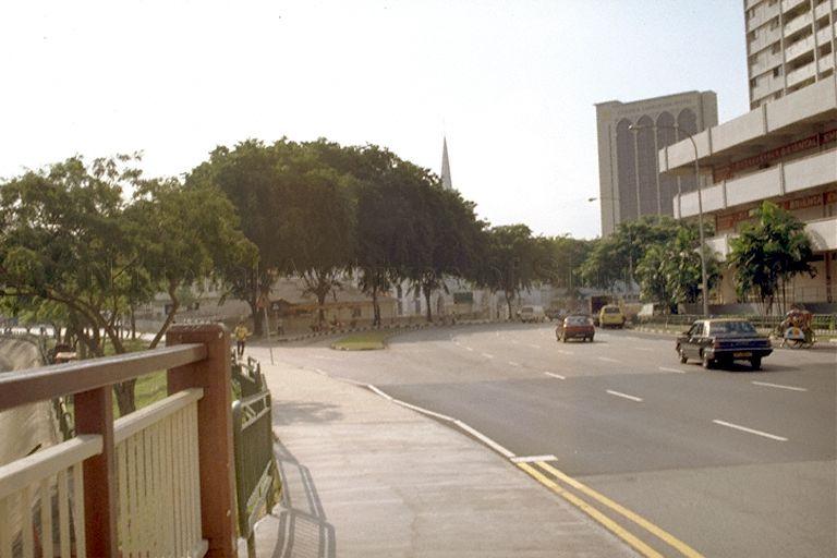 View of Sungei Road leading to Rochor Canal Road on the left and Ophir Road on the right. In the background is Golden Landmark Hotel.