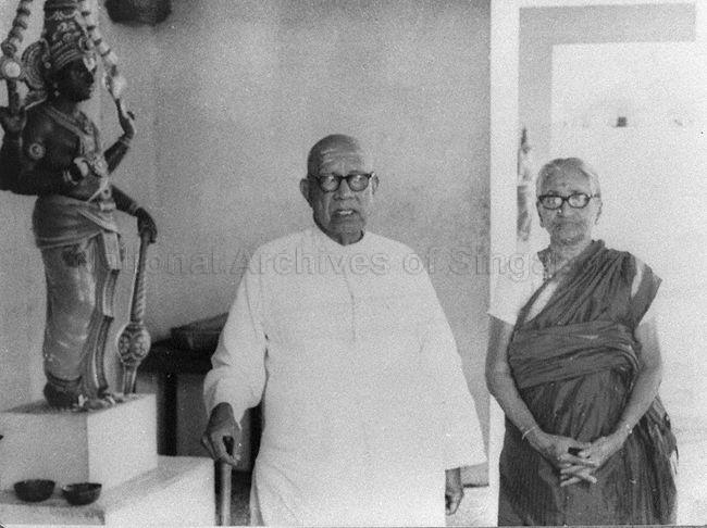 P. Govindasamy Pillai and wife Packkiriammal at Sri Srinivasa Perumal Temple, Serangoon Road. Mr Pillai, a successful South Indian businessman who established the PGP stores was a noted philanthropist, founder-member of the Indian Chamber of Commerce set up in 1937, founder of the Ramakrishna Mission and a Justice of the Peace in 1939.