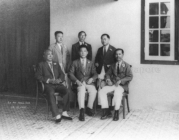 Group photograph - Front row (seated, from left to right) Lim Nee Soon, Wang Jingwei and Tan Kah Kee;<br />Back row (standing from left to right) Khoo Kay Hian, Tay Sek Tin and Li Chin