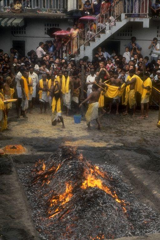 Theemithi or fire walking ceremony held in honour of Goddess Draupadi at Sri Mariamman Temple in South Bridge Road. During the ceremony, Hindu devotees briskly crossed a bed of burning coals to fulfil their vows to the Goddess of goodness and purity, Draupadi Amman.