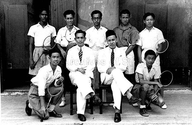 Student of Raffles Institution's Moor House, champions of inter-house Badminton competition. Present are (back row, from left) Kasinathan, Tan Geok Gim, Lee Cheng San, Tan Eng Poh, Wee Sian Gian; and (front row, from left) Wong Yip Chong, Boey Cheng Kee, Ismail Aziz, Seah Keng Toh.