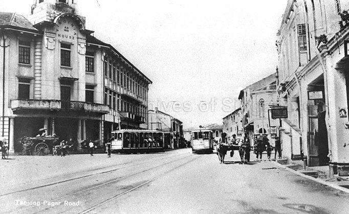 View of Tanjong Pagar Road, Singapore. Virginia House on left stands at the corner of Keppel Road and Tanjong Pagar Road.
