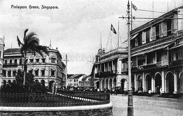 Finlayson Green, featuring (from left) the Straits Times Office, at corner of Robinson Road and Cecil Street; the two-storeyed offices of KPM (Koninklijke Paketvaart Maatschappij); and the three-storey headquarters of Behn Meyer