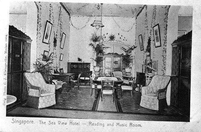 Interior view of the Music and Reading Room at Sea View Hotel in Tanjong Katong. Opened on 1 June 1906, the hotel was originally a large colonial bungalow owned by Manasseh Meyer, a key figure in the early Jewish community in Singapore. 