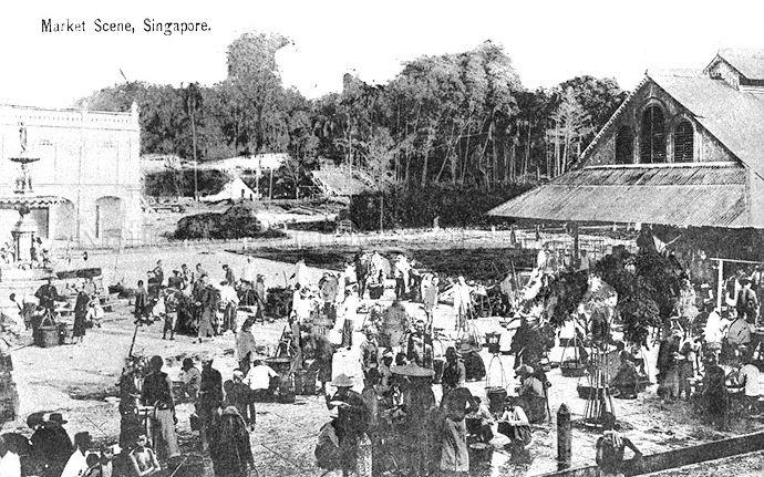 Hawkers at "Koek's Bazaar" at Orchard Road and Cuppage Road before the construction of the brick facade in 1909. On the right stands Orchard Road Market.