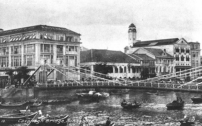 View of Singapore River. In the centre is Guthrie and Company's head office building with its tower.