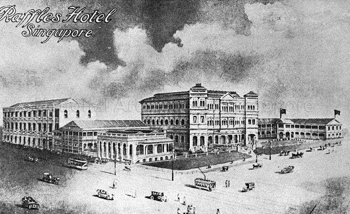 Raffles Hotel at 1 Beach Road, Singapore. The colonial-style hotel was established in 1887 by the Armenian Sarkies brothers.