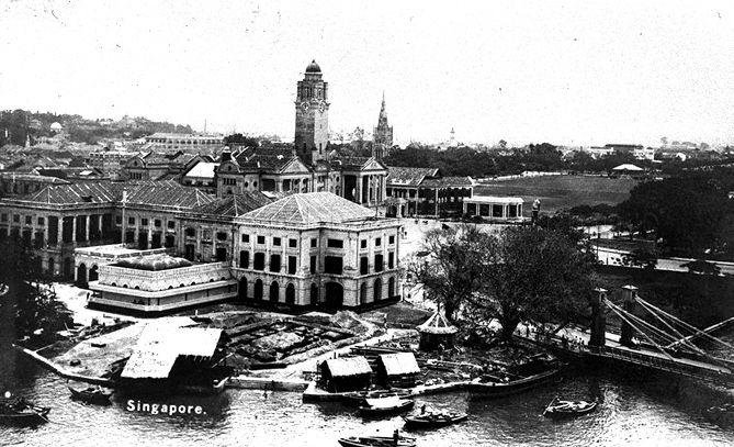 Aerial view of Empress Place and Singapore River, with the Victoria Memorial Hall clock tower visible