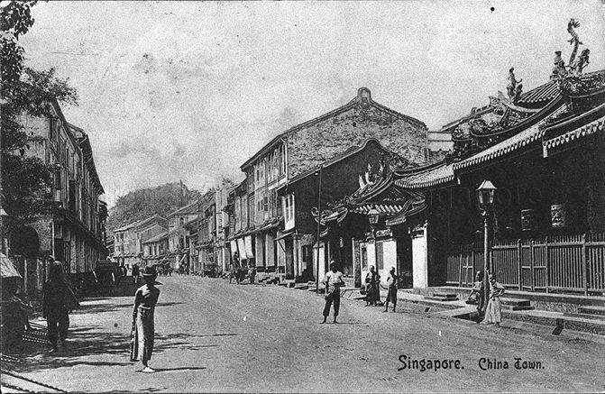 View of Telok Ayer Street, looking towards junction with Amoy Street and McCallum Street. On the right is Thian Hock Keng temple which was built in 1839-1842 with major contributions by well-known Chinese personalities such as Tan Tock Seng and Tan Kim Seng. It was gazetted as national monument on 28 June 1973. The spires of another 19th century monument - the Al-Abrar Mosque - is also visible here.