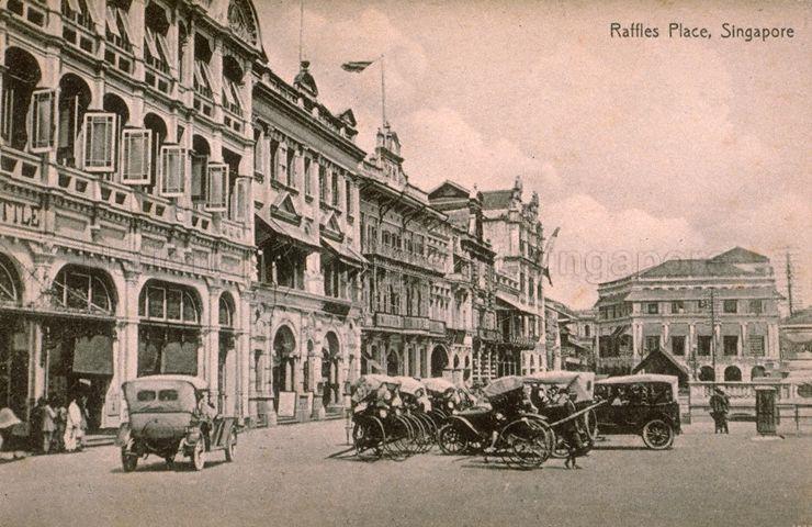 View of Raffles Place with John Little's Building on the left and facing the old Mercantile Bank building at the end