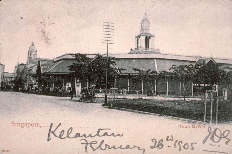 Telok Ayer Market (currently known as Lau Pa Sat Festival Market) at the southern end of Market Street along Telok Ayer Bay, Singapore
