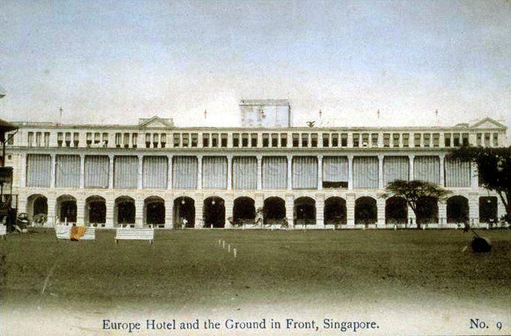 The Europe Hotel at corner of High Street and Esplanade Road (now St Andrew's Road). Originally established by J Castelyns in 1857 as Hotel d'Europe, it was located first in Hill Street, then in Beach Road before moving here. The building at this location was demolished in early 1900s and the new one was named Grand Hotel de l'Europe. With management changing hands several times, it was renamed as The Europe Hotel. Its doors were closed in October 1932 and the building was later demolished, making way for the Supreme Court.