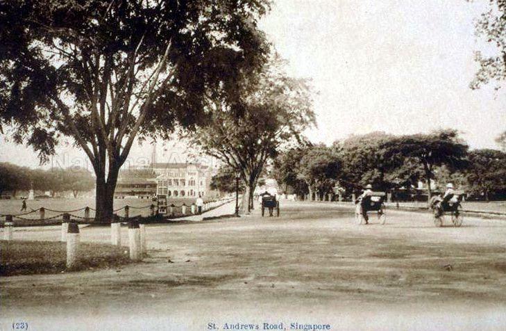 View of St Andrew's Road, Singapore, with the Padang (or the Esplanade as it was known then) on the left. It was previously known as Esplanade Road before the Municipal Commissioners renamed it in 1907. The building in the background is the Singapore Cricket Club.