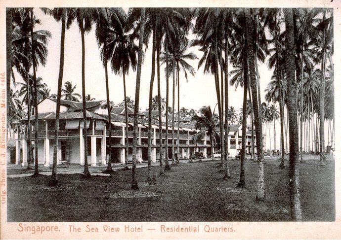 Residential quarters of Sea View Hotel, situated in grove of coconut palms on the seafront at Tanjong Katong. Opened on 1 June 1906, it was originally a large colonial bungalow owned by Manasseh Meyer, a key figure in the early Jewish community in Singapore.