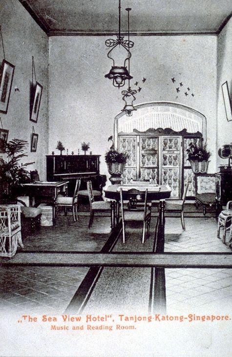 Interior view of the Music and Reading Room at Sea View Hotel in Tanjong Katong. Opened on 1 June 1906, the hotel was originally a large colonial bungalow owned by Manasseh Meyer, a key figure in the early Jewish community in Singapore.
