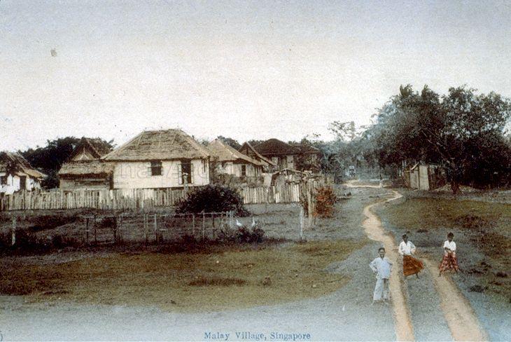 Malay boys posing in a village where the Malay kampung houses were raised above the ground on heavy stilts