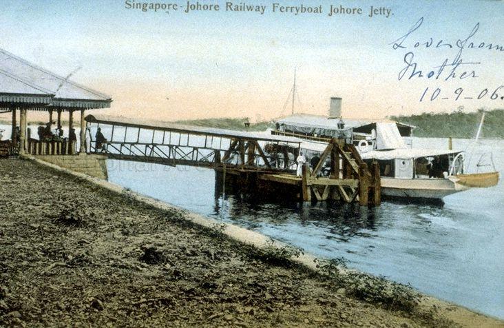 Johor jetty of the Singapore-Johor Railway Ferryboat, where people travelling to and from the Malay Peninsula by rail were carried across the Johor Straits by launches at this point