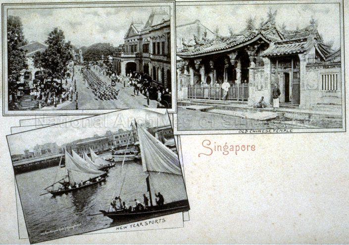 Post card showing from right, anti-clockwise, Tan Si Chong Su temple also known as Po Chiak Keng temple at Magazine Road, parade along Post Office and Exchange Building and New Year water sports at waterfront with Johnston's Pier in the background