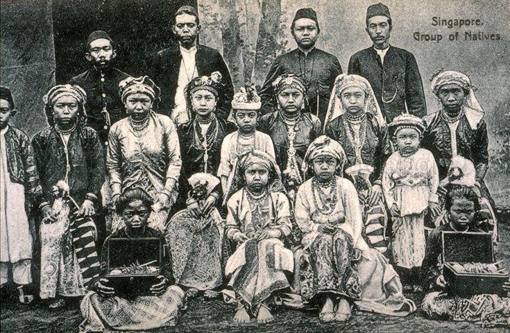 A Boyanese family dressed in their rich, traditional costume, Singapore. Originally from Pulau Bawean in East Java, Indonesia, the Boyanese migrated to Singapore in the early 19th century and settled in the Rochore area.