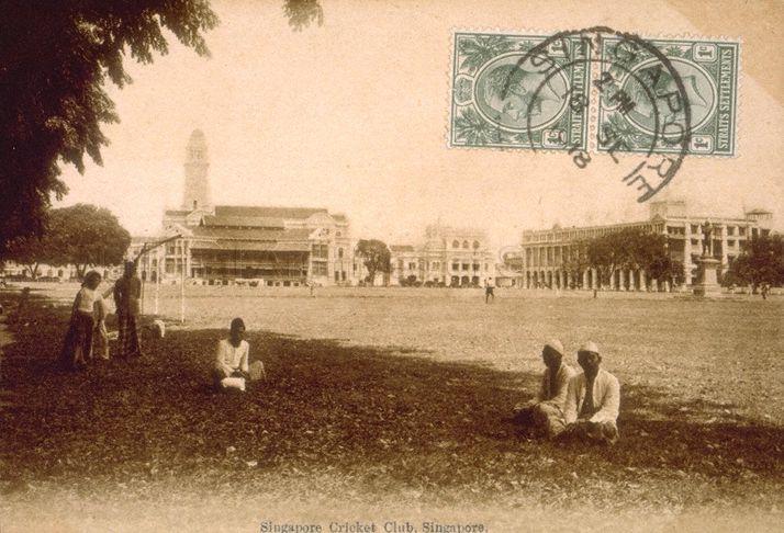View of the Padang showing (from left to right) Victoria Memorial Hall clock tower, Singapore Cricket Club, the old Court House (now the Arts House) and Grand Hotel de l'Europe.
