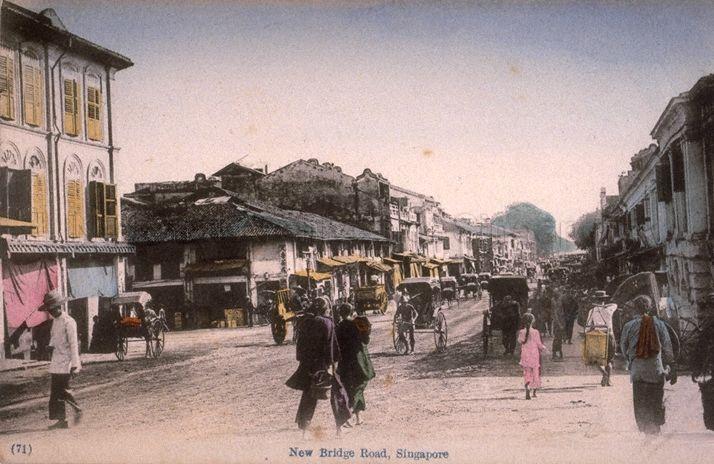 View of New Bridge Road, looking towards the Sepoy Lines. Built in 1842, it is named after colonial architect G D Coleman's New Bridge (later renamed Coleman Bridge) which was constructed over the Singapore River in 1840. New Bridge Road runs through Chinatown and is now a one-way road.