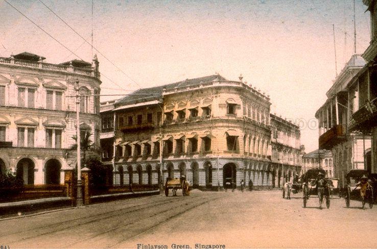 View of Finlayson Green, with (from left) No. 1 Finalyson Green, at junction with Robinson Road; the Straits Times Office, at corner of Robinson Road and Cecil Street; the two-storeyed offices of KPM (Koninklijke Paketvaart Maatshappij); and the three-storeyed headquarters of Behn Meyer