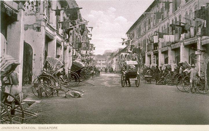 View of jinrickishas or rickshaws at the jinrickisha puller quarters at Sago Lane in Singapore
