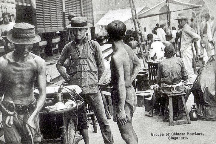 Chinese street hawkers plying their trade outside Telok Ayer Market or Lau Pa Sat, Singapore c. 1915-1920s. Hawkers who operated food carts and stalls, like those in the image, were a familiar sight in Singapore until they were moved to more sanitary modern hawker centres starting from the 1950s.