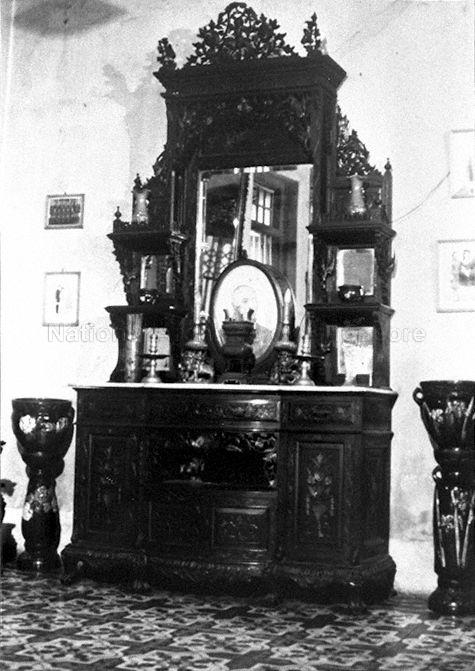 View of old intricate furniture in Baba or Peranakan Chinese home featured in documentary on the community, produced by Singapore Broadcasting Corporation (SBC)