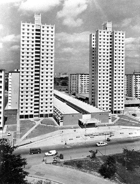 Housing and Development Board (HDB) "point blocks" at Kallang off Bendemeer Road. Block 26 is on the left and Block 28 on the right. The two rows of low-rise buildings between them is Bendemeer Shopping Mall, occupying Block 25 on the left and Block 27 on the right. Behind Block 28 on the right is a low-rise building housing the wet market and hawker centre.