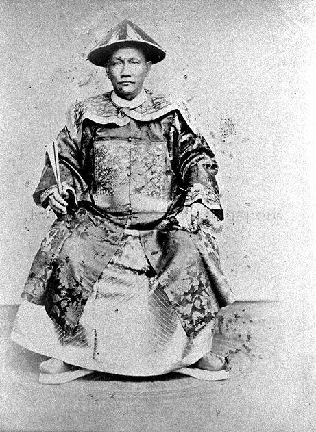 Portrait of Hokkien businessman and philanthropist Cheang Hong Lim in official costume of Qing dynasty. Many overseas Chinese leaders bought official titles from the Qing government in the late 19th and early 20th centuries. These titles improved the social status of wealthy Chinese who had been able to afford them.