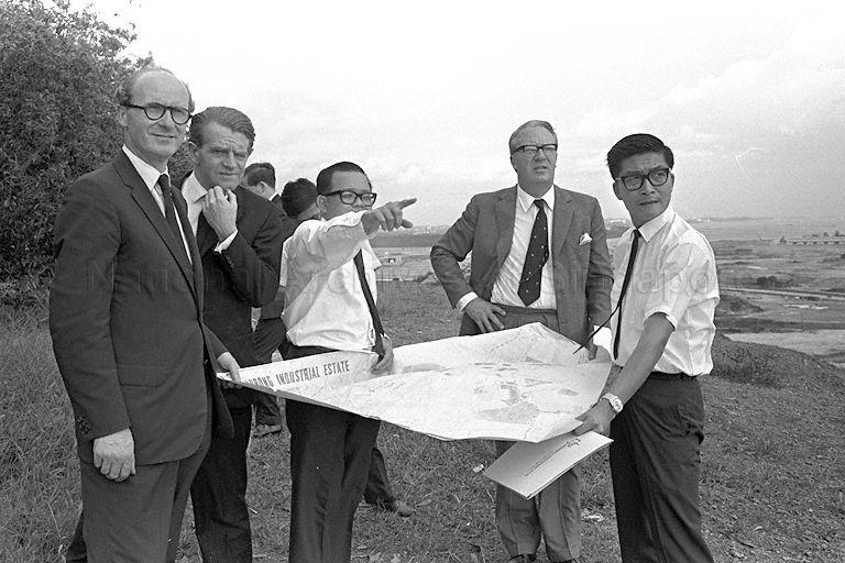 From left, British Members of Parliament Anthony Barber, Christopher Chataway and British Opposition Conservative Party leader Edward Heath (second from right) at Jurong Industrial Estate during their visit to Singapore.