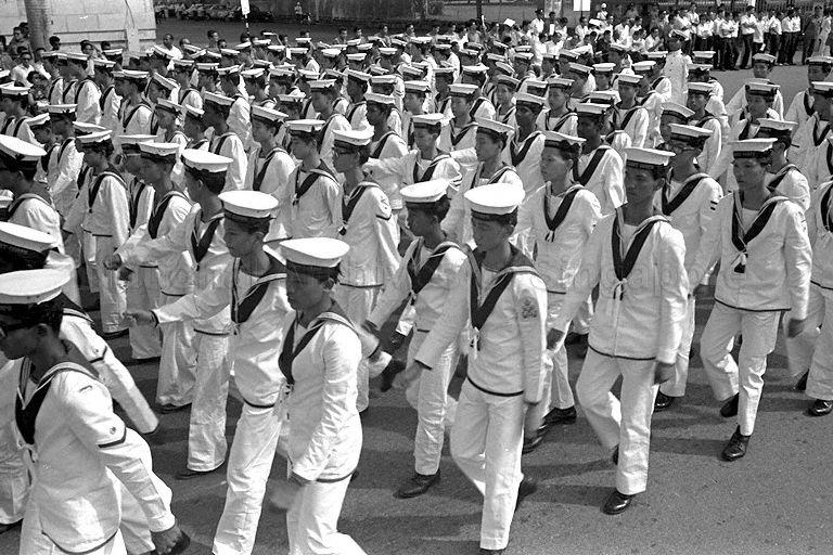 National Day Parade 1966 at the Padang - Singapore Naval Volunteer Force contingent marching along St Andrew's Road