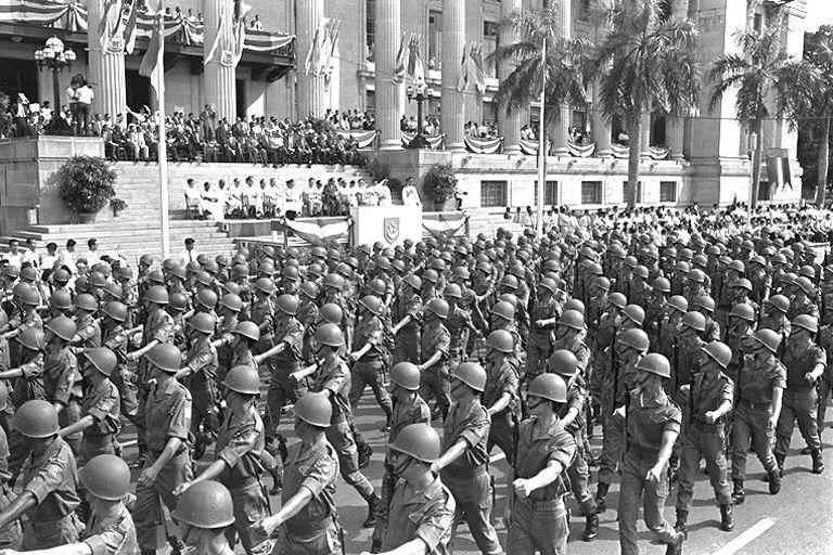 National Day Parade 1966 at the Padang - Marchpast by People's Defence Force contingents