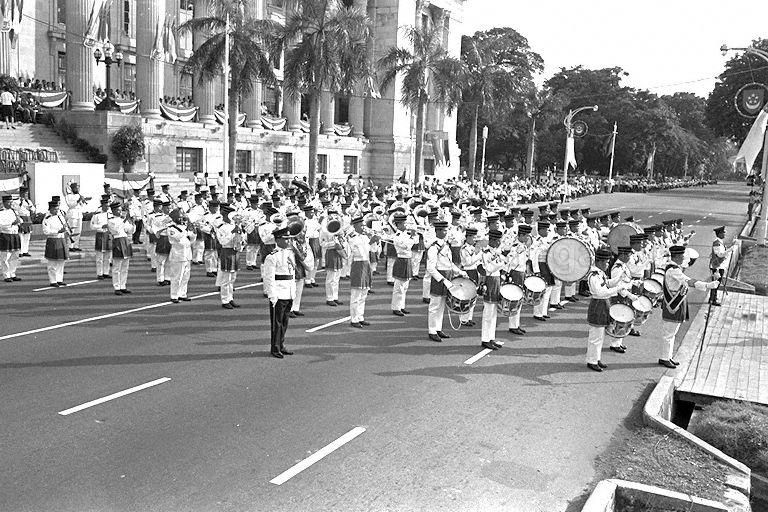 National Day Parade 1966 at the Padang - The Singapore Police Force band playing in front of City Hall